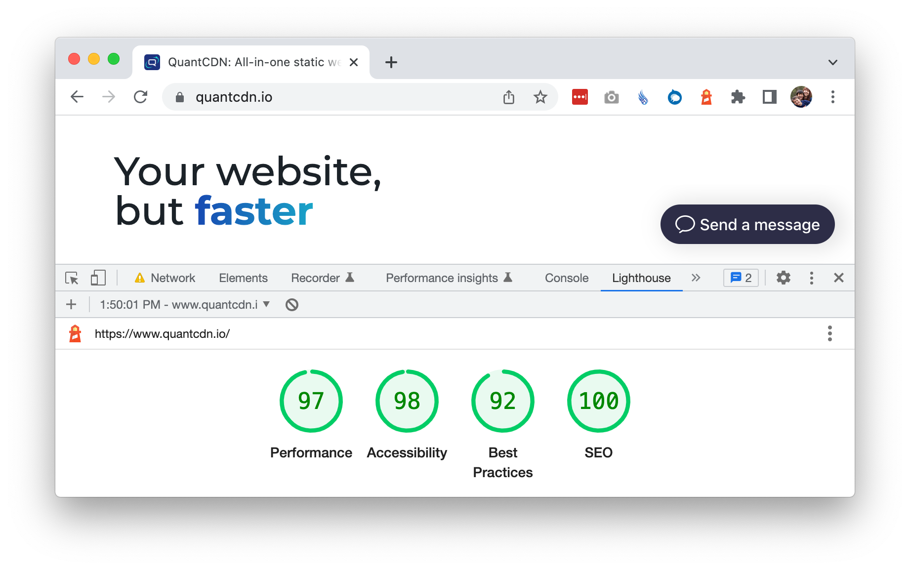 QuantCDN home page with Chrome DevTools open showing Lighthouse scores of 97/98/92/100