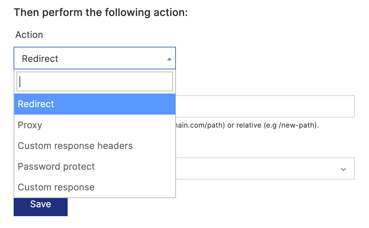 Screenshot of Quant Page Rules Action dropdown with several options