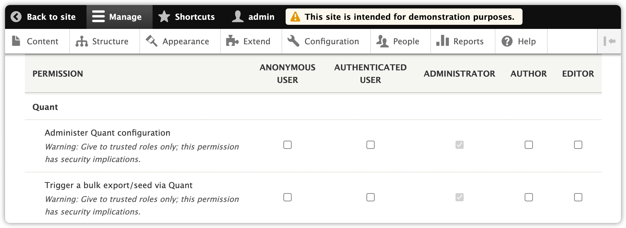 Setting Quant Drupal 8 module permissions