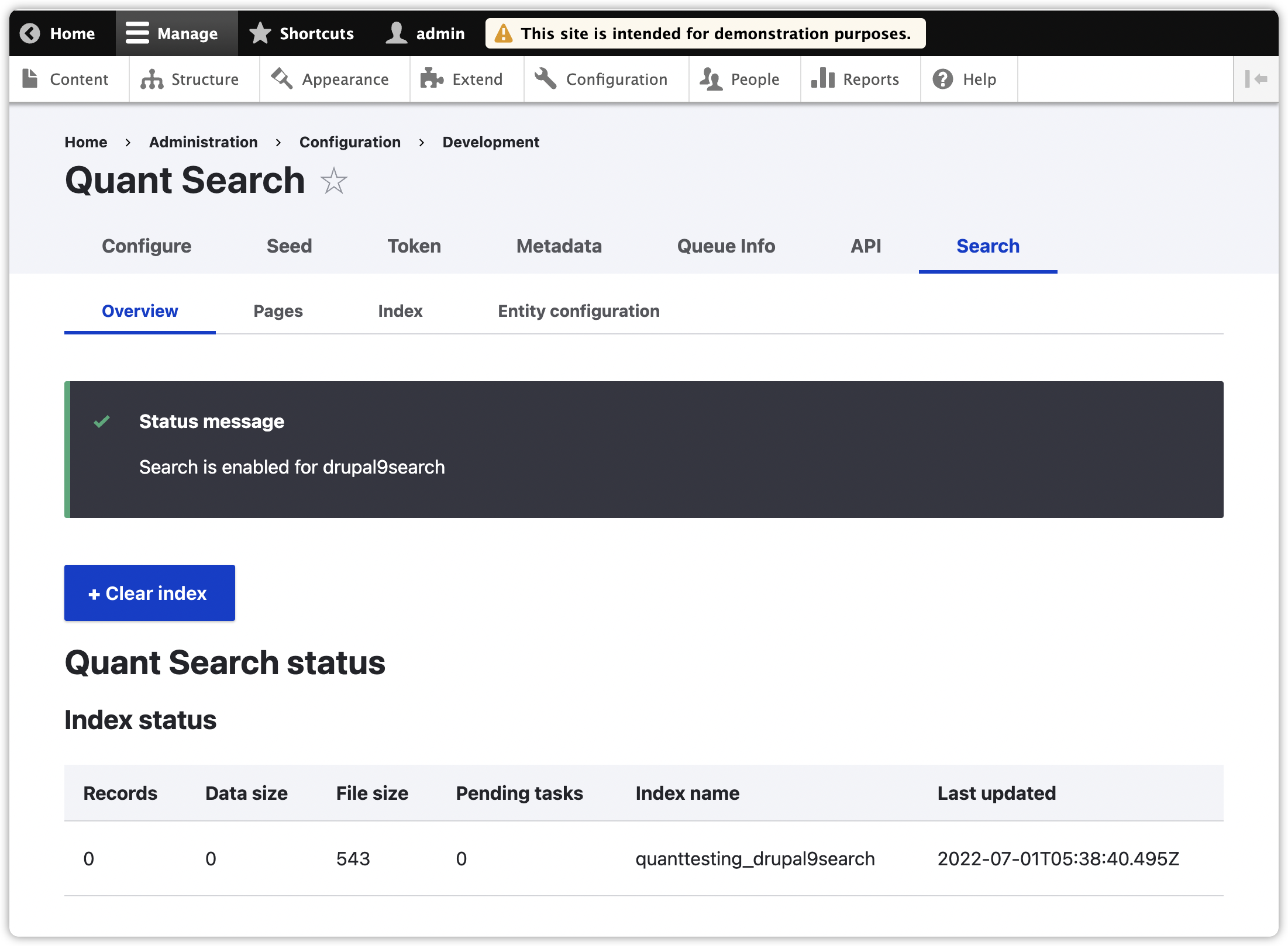 Drupal 9 Quant Search Module Overview Tab