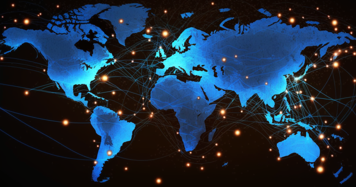 World map in blue with points of lights and lines connecting them