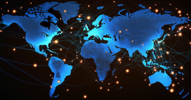 World map in blue with points of lights and lines connecting them